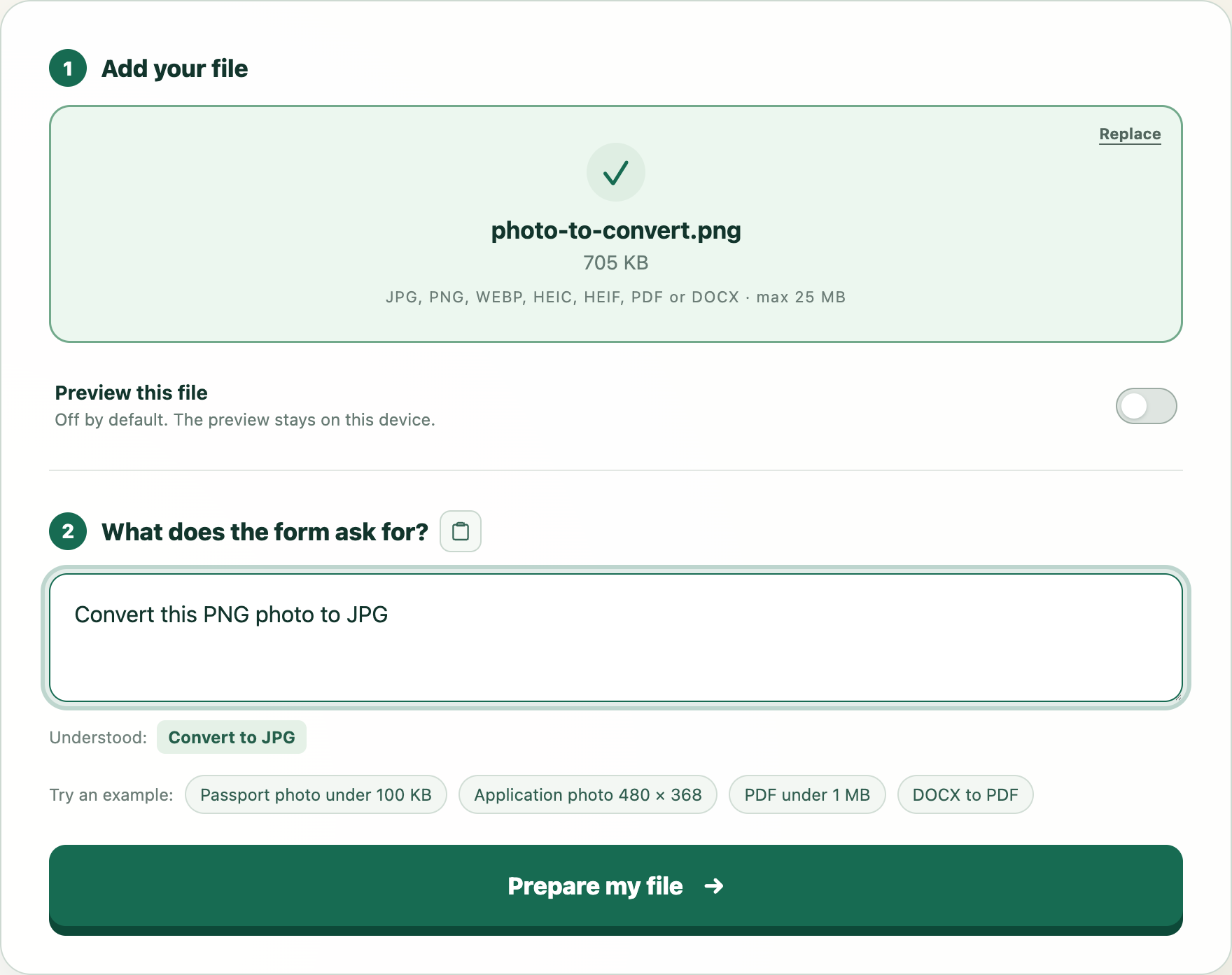 WhatTheFile understanding a request to convert a PNG photo to JPG